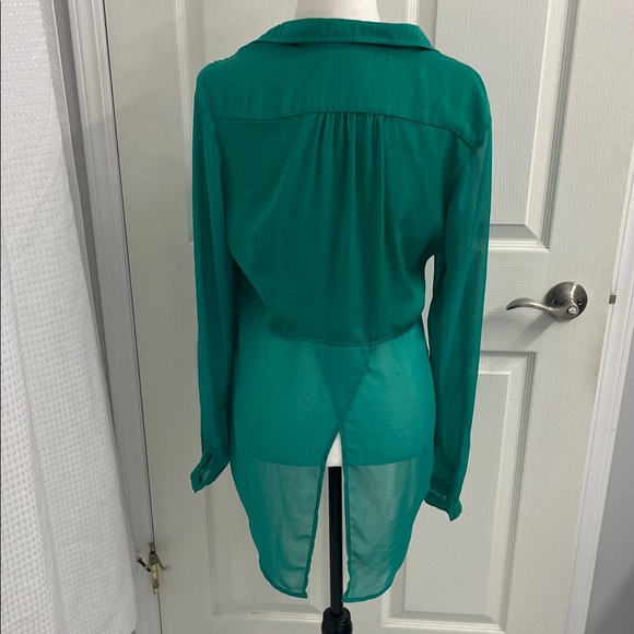 Free People Sheer Teal Green Long Sleeve Women's Button-Down Shirt. Sz S/M - Picture 3 of 15